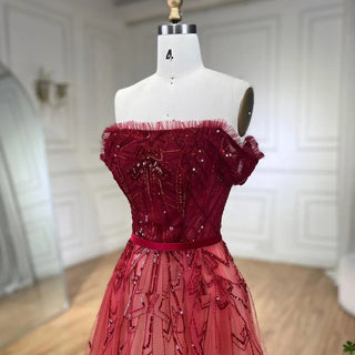 Gradual Change Red A-Line Elegant Evening Dress 2024 - Beading Sequins, Boat Neck Formal Dress Design