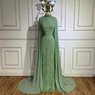 Ships in 1 to 3 Days - 2024 Muslim Sage Green Mermaid Cape Sleeves Beaded Satin Luxury Evening Dresses Gowns for Women Party