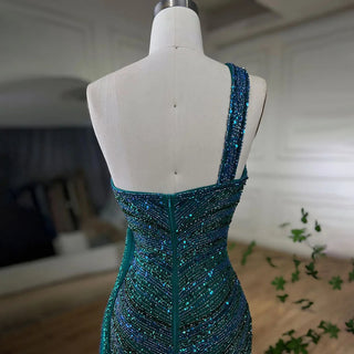 Ships in 1 to 3 Days - Blue Green Mermaid High Split One Shoulder Beaded Long Evening Dresses Gowns for Women Wedding Party