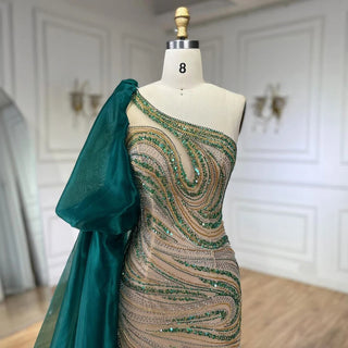 Emerald Enchantment: 2024 Green One Shoulder Mermaid Evening Gown with Long Cloak - Luxury Beaded Dress for Women's Wedding Party