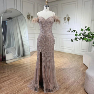 Nude Spaghetti Straps Elegant Mermaid Evening Gown 2024 with Luxury Beaded Feathers - Perfect for Women's Parties