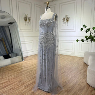 Ships in 1 to 3 Days - Arabic Gray Mermaid Beaded Luxury Dubai Long Evening Gown with Cape Sleeves Elegant for Women - Party 2024