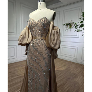 Ships in 1 to 3 Days - Arabic Olive Satin Mermaid Strapless Puff Sleeves Beaded Evening Dress - Gown for Women's Wedding Party 2024