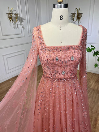 Pink Elegance: 2024 A-Line Dubai Evening Gown with Square Collar and Beading