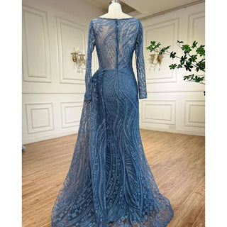 Dubai Oasis: Blue Mermaid Gown with Overskirt & Long Sleeves for Plus Size Elegance