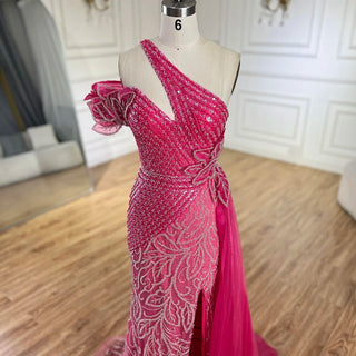 Arabic Fuchsia One-Shoulder Tulle Overskirt Mermaid Beaded Evening Gown for Women Wedding Party 2024