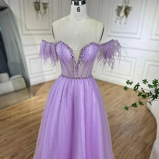 Ships in 1 to 3 Days - Dubai Arabic Elegant Lilac Feathers Beaded A-Line Evening Gown 2024 Luxury Dress for Women Long Party Dress