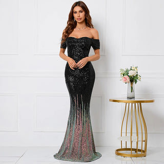 Elegant Off-Shoulder Black Sequin Evening Dress - Boat Neck Party Maxi Dress for Women