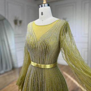 Arabic Yellow A-Line Elegant Beaded Evening Gown for Women's Wedding Party 2024