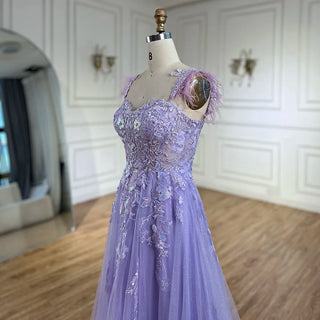 2024 Lilac Spaghetti Strap Lace-Up Back A-Line Appliques Feathers Prom Dress for Women Wedding Party