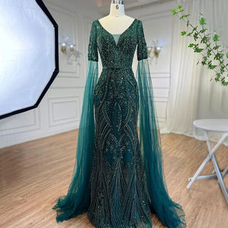 Emerald Elegance: 2024 Luxury Evening Dresses with Cape Sleeves in Rose Gold and Gray