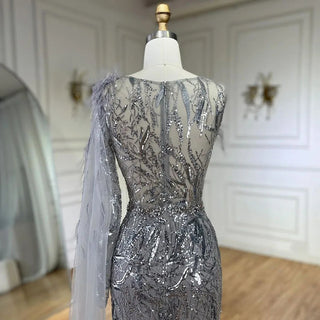 Arabic Silver Gray One-Shoulder Mermaid Evening Gown with Long Cloak - Beaded Elegance for Women's Wedding Party 2024