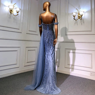 Blue Mermaid Sexy Evening Gown 2024: Spaghetti Straps, High Split, Luxury Beaded for Women Party