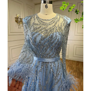 2024 Arabic Blue A-Line Evening Gown: Luxurious Beading and Feathers - Dubai-Inspired Elegance for Women's Wedding Party