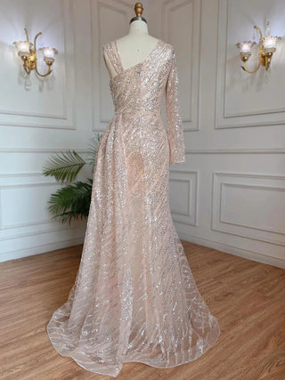 Dubai Champagne Glamour: Luxury Mermaid Arabic Evening Dress with Overskirt, Tailored for Plus Size Women as Wedding Guests at Formal Parties.