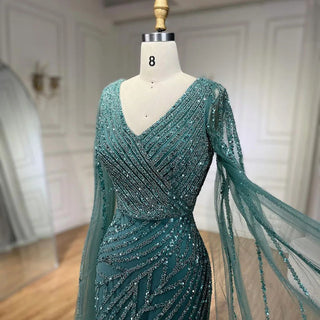 Arabic Mermaid Blue Beaded Elegant Cape Sleeves Luxury Evening Dress Gown for Women Wedding Party 2024