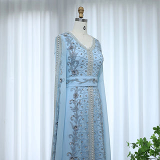 Dubai Blue Evening Dress for Women Elegant Long Sleeves Muslim Arabic Formal Wedding Party Gown