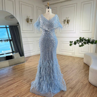 2024 Arabic Elegant Gray Mermaid Luxury Dubai Evening Gown with Feathers Beaded Dress for Women's Party