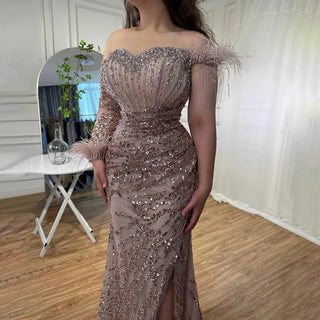 Rose Gold Off-Shoulder One-Sleeve Mermaid Feather Evening Dress - High Split Party Gown for Women