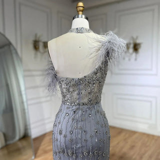 Gray Elegant Halter Feathers Beaded Luxury Mermaid High Split Evening Dress: Party Gown for Women