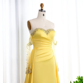 Elegant Sweetheart Yellow Satin Evening Dress - Beaded Pearls Gown with Gloves for Arabic Women’s Wedding Parties