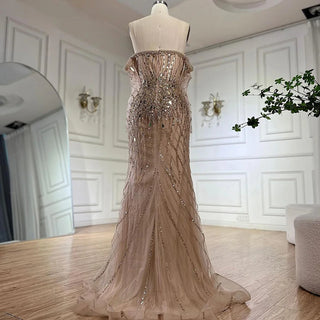 Ships in 1 to 3 Days - 2024 Arabia Gold Mermaid Luxury Beaded Off-Shoulder Dubai Evening Dress - Gown for Women's Wedding Party