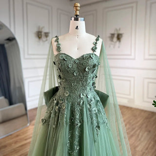 2024 Arabic Sage Green Spaghetti Strap Lace-Up Bow A-Line Appliques Prom Dress for Women Wedding Party