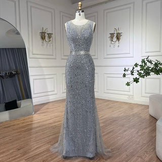 Ships in 1 to 3 Days - 2024 Luxury Dubai Gray Arabic Mermaid Beaded Evening Gown with Detachable Long Cape for Women's Party