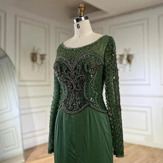 2024 Muslim Elegant Green Satin Mermaid Beaded Luxury Dubai Evening Gown for Women's Party