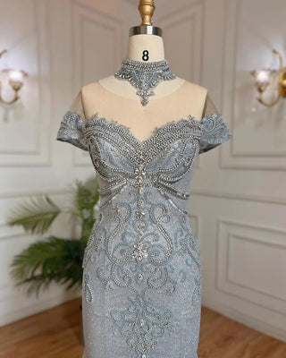 Luxurious Silver Mermaid Evening Dress - Pearls and Beaded Elegance for Women's Wedding Party