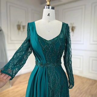 Arabic Green Mermaid Elegant Satin Lace Beaded Luxury Dubai Evening Dresses Gowns For Women Wedding Party