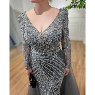 Ships in 1 to 3 Days - Sapphire Serenity: Elegant Beaded V-Neck Mermaid Gown in Blue Grey Party 2024