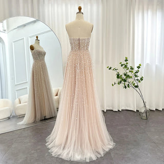 Elegant Dubai Evening Dresses in White Nude with Pearls and Gloves: Luxury Bridal and Wedding Party Gowns for Arabic Women