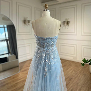 2024 Arabic Blue Strapless Mermaid Luxury Evening Gown with Tulle Overskirt Beaded Dress for Women's Party