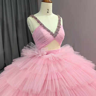 Tiered Pink Tulle Ball Gown - V-Neck Pleated Evening Dress with Crystal Beadings