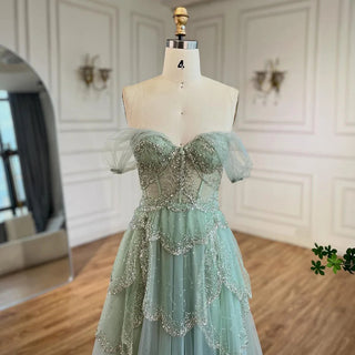 Ships in 1 to 3 Days - Arabic Sage Green A-Line Elegant Spaghetti Strap Luxury Beaded Evening Dress for Women Wedding Party 2024