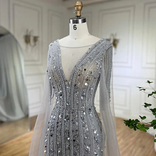 Arabic Charcoal: 2024 Gray Mermaid Evening Dress with Elegant Cape Sleeves - Luxury Beaded Gown for Women's Wedding Party