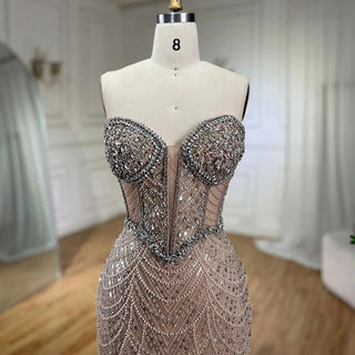 Nude Strapless Mermaid Luxury Evening Dress - Beaded Arabic Design for Women's Wedding Party