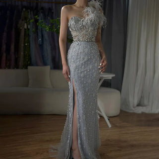 Gray Mermaid One Shoulder High Split Beaded Feather Luxury Evening Dress: 2025 for Women's Party