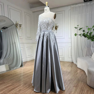 2024 Grey Satin Elegant Evening Dress: One Shoulder, Handmade Flowers, A-Line Formal Gown