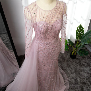 Ships in 1 to 3 Days - Pink Mermaid With Skirt Long Evening Dress: 2024 O-Neck Elegant Beaded Luxury Gown for Women's Party