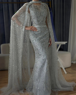 2025 Luxury Dubai Gray Arabic Mermaid Beaded Evening Gown with Detachable Long Cape for Women's Party