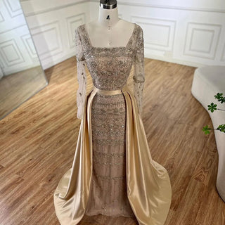 Ships in 1 to 3 Days - 2024 Arabic Nude Mermaid Beaded Luxury Dubai Evening Gown with Detachable Satin Overskirt for Women's Party