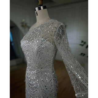 Elegant Nude Mermaid One-Shoulder Pearls Beaded Luxury Evening Dress - Wedding Party Gown for Women 2024