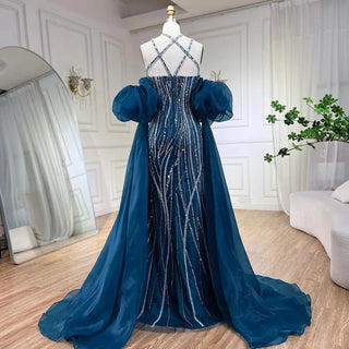 Ships in 1 to 3 Days - Arabic Navy Blue Elegant Mermaid Evening Dress with Balloon Sleeves - Beaded Luxury Dubai Gown for Women's Party