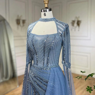 2024 Blue Mermaid Evening Gowns Luxury Beaded High Split Cape Sleeves Long Dresses for Women's Wedding Party