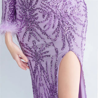 Stretch Feather Sequin Full Sleeve Evening Maxi Dress