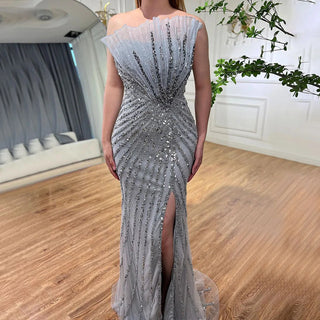 Caramel High Split Off Shoulder Mermaid Evening Dress - Beaded Gown for Women Wedding Party 2024