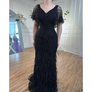 Brown Mermaid Luxury Evening Dresses Gowns 2024 Beaded Feather Elegant for Women's Party