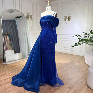 Blue Mermaid Elegant One-Shoulder Evening Dress with Luxury Pearls Beading - Women's Wedding Party Gown (2024)